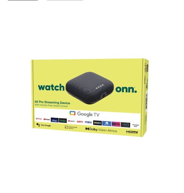 onn. Google TV 4K Pro Streaming Device (New, 2024), 4K UHD resolution, Dolby Vision & Dolby ATMOS, Hands-Free Voice Control, Smart Hub